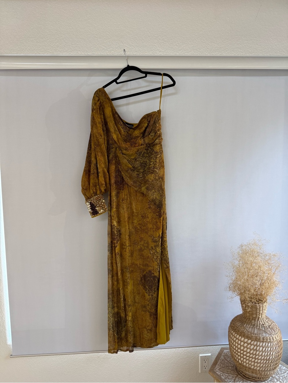 One-Shoulder Mustard Evening Dress with Sequin Cuff